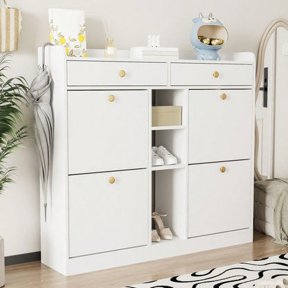 Edler weißer Schuhschrank mit 4 Klapptüren, 2 Schubladen, 3 offenen Fächern - perfekt für moderne Flure und Eingangsbereiche, Maße 110 x 26 x 100 cm