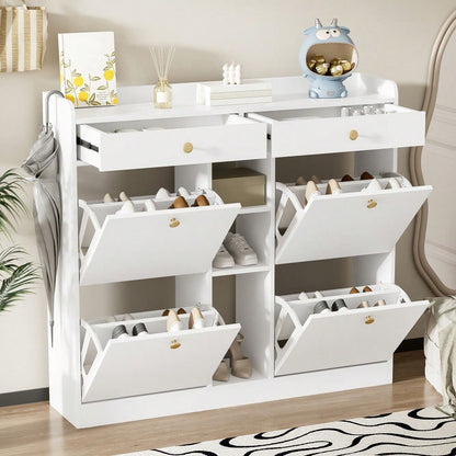 Edler weißer Schuhschrank mit 4 Klapptüren, 2 Schubladen, 3 offenen Fächern - perfekt für moderne Flure und Eingangsbereiche, Maße 110 x 26 x 100 cm