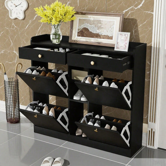 Edler schwarzer Schuhschrank mit 4 Klapptüren, 2 Schubladen, 3 offenen Fächern - perfekt für moderne Flure und Eingangsbereiche, Maße 110 x 26 x 100 cm
