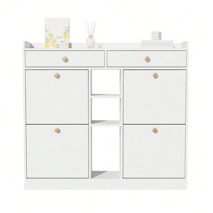 Edler weißer Schuhschrank mit 4 Klapptüren, 2 Schubladen, 3 offenen Fächern - perfekt für moderne Flure und Eingangsbereiche, Maße 110 x 26 x 100 cm