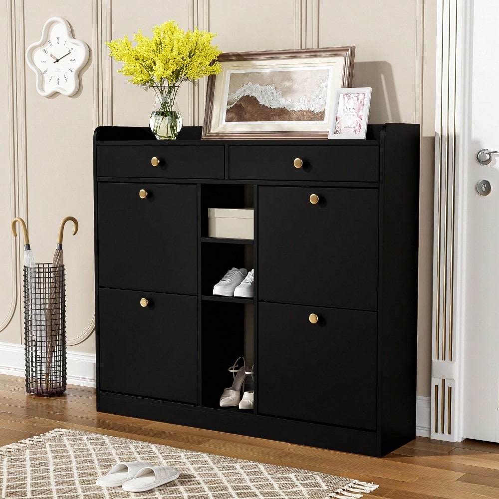 Edler schwarzer Schuhschrank mit 4 Klapptüren, 2 Schubladen, 3 offenen Fächern - perfekt für moderne Flure und Eingangsbereiche, Maße 110 x 26 x 100 cm