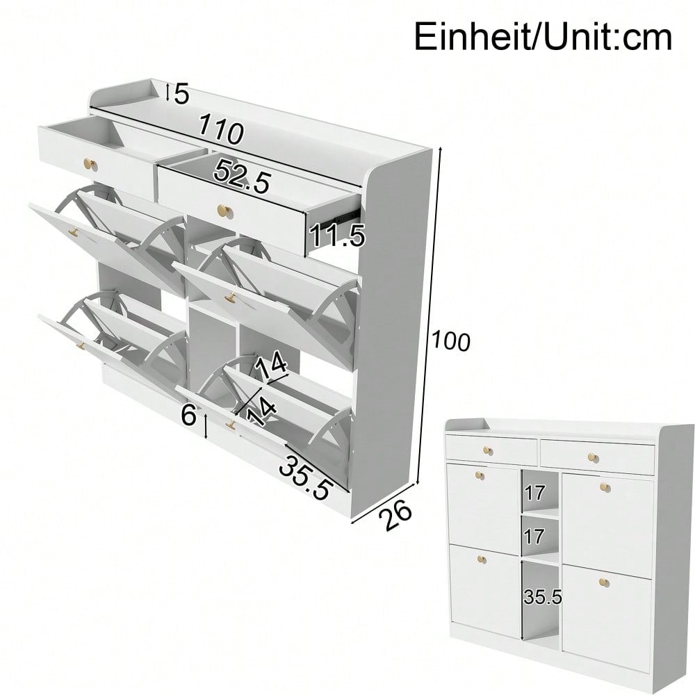 Edler weißer Schuhschrank mit 4 Klapptüren, 2 Schubladen, 3 offenen Fächern - perfekt für moderne Flure und Eingangsbereiche, Maße 110 x 26 x 100 cm