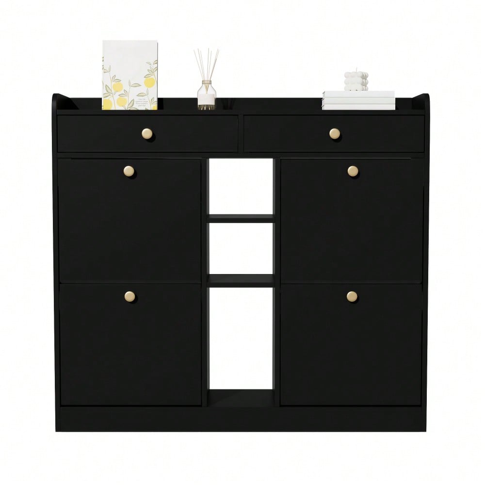 Edler schwarzer Schuhschrank mit 4 Klapptüren, 2 Schubladen, 3 offenen Fächern - perfekt für moderne Flure und Eingangsbereiche, Maße 110 x 26 x 100 cm