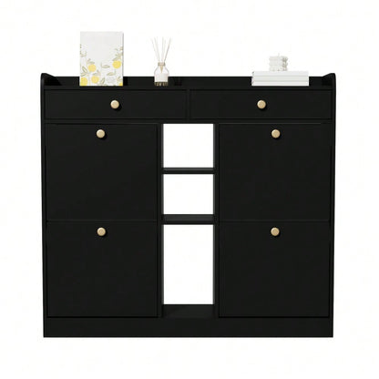 Edler schwarzer Schuhschrank mit 4 Klapptüren, 2 Schubladen, 3 offenen Fächern - perfekt für moderne Flure und Eingangsbereiche, Maße 110 x 26 x 100 cm