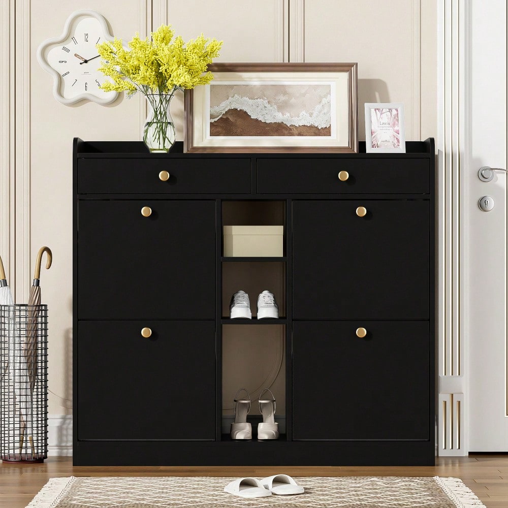 Edler schwarzer Schuhschrank mit 4 Klapptüren, 2 Schubladen, 3 offenen Fächern - perfekt für moderne Flure und Eingangsbereiche, Maße 110 x 26 x 100 cm
