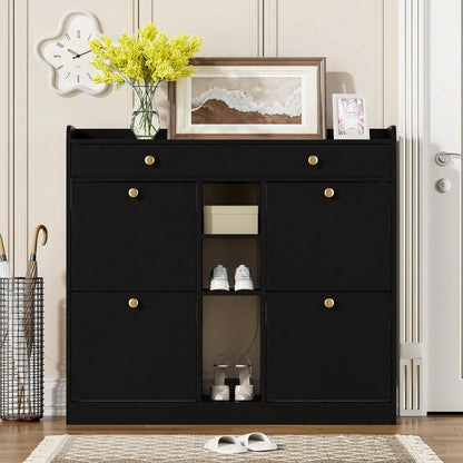 Edler schwarzer Schuhschrank mit 4 Klapptüren, 2 Schubladen, 3 offenen Fächern - perfekt für moderne Flure und Eingangsbereiche, Maße 110 x 26 x 100 cm