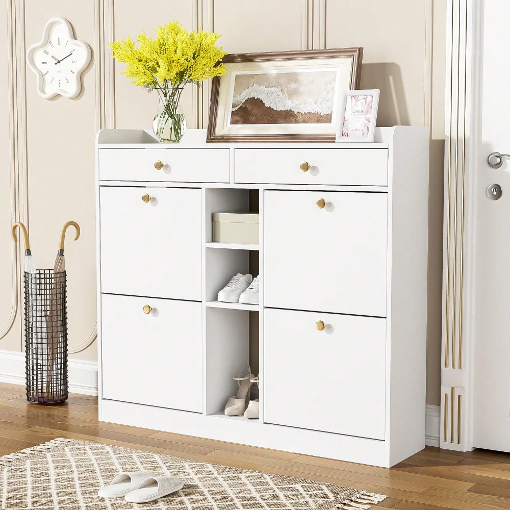 Edler weißer Schuhschrank mit 4 Klapptüren, 2 Schubladen, 3 offenen Fächern - perfekt für moderne Flure und Eingangsbereiche, Maße 110 x 26 x 100 cm