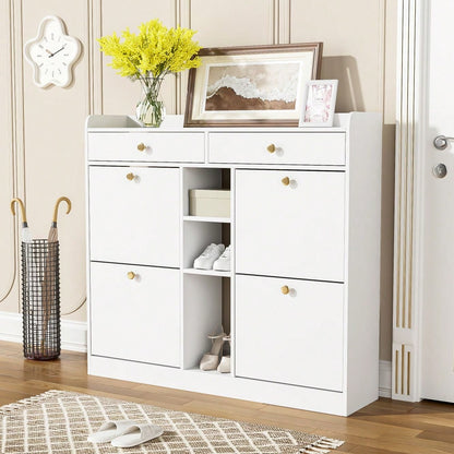 Edler weißer Schuhschrank mit 4 Klapptüren, 2 Schubladen, 3 offenen Fächern - perfekt für moderne Flure und Eingangsbereiche, Maße 110 x 26 x 100 cm