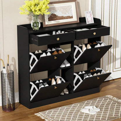 Edler schwarzer Schuhschrank mit 4 Klapptüren, 2 Schubladen, 3 offenen Fächern - perfekt für moderne Flure und Eingangsbereiche, Maße 110 x 26 x 100 cm