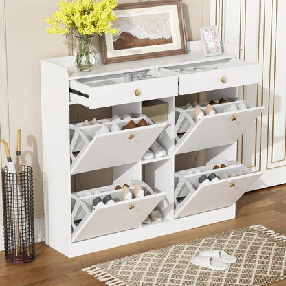 Edler weißer Schuhschrank mit 4 Klapptüren, 2 Schubladen, 3 offenen Fächern - perfekt für moderne Flure und Eingangsbereiche, Maße 110 x 26 x 100 cm