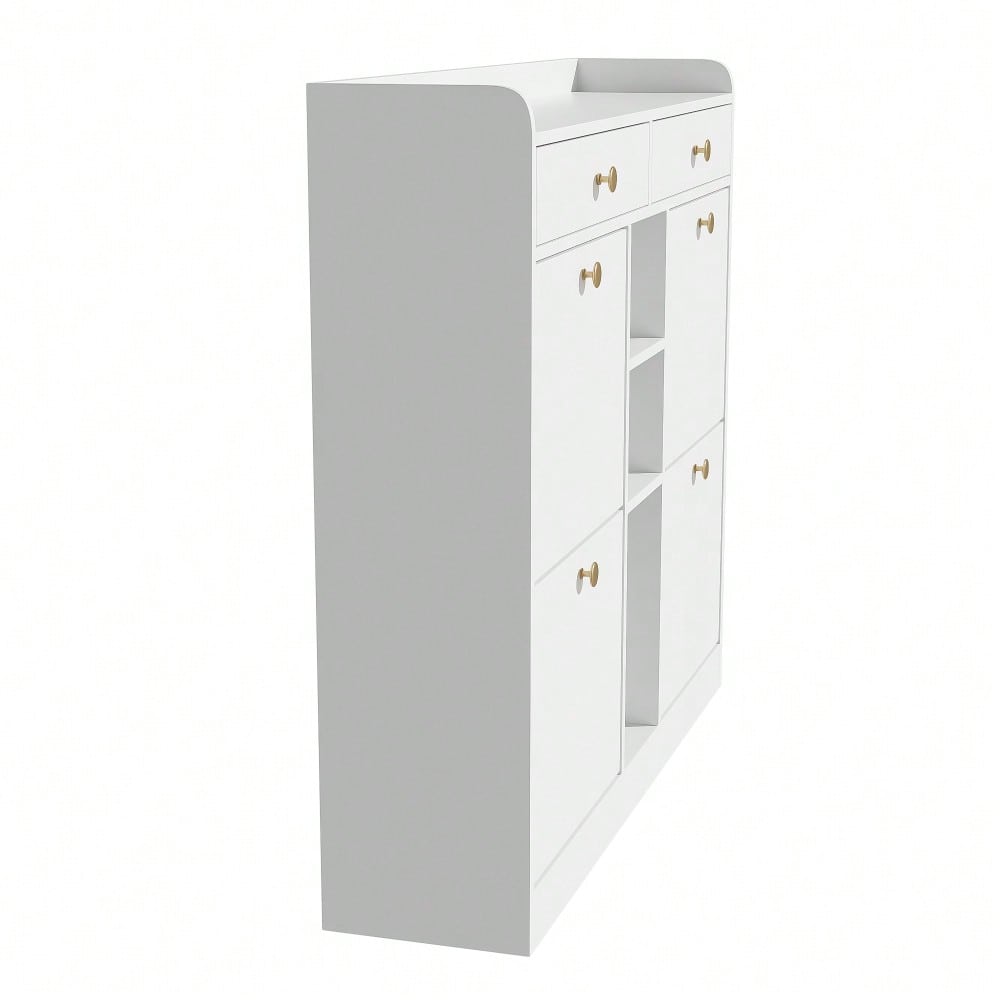 Edler weißer Schuhschrank mit 4 Klapptüren, 2 Schubladen, 3 offenen Fächern - perfekt für moderne Flure und Eingangsbereiche, Maße 110 x 26 x 100 cm
