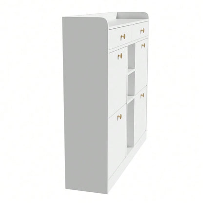 Edler weißer Schuhschrank mit 4 Klapptüren, 2 Schubladen, 3 offenen Fächern - perfekt für moderne Flure und Eingangsbereiche, Maße 110 x 26 x 100 cm