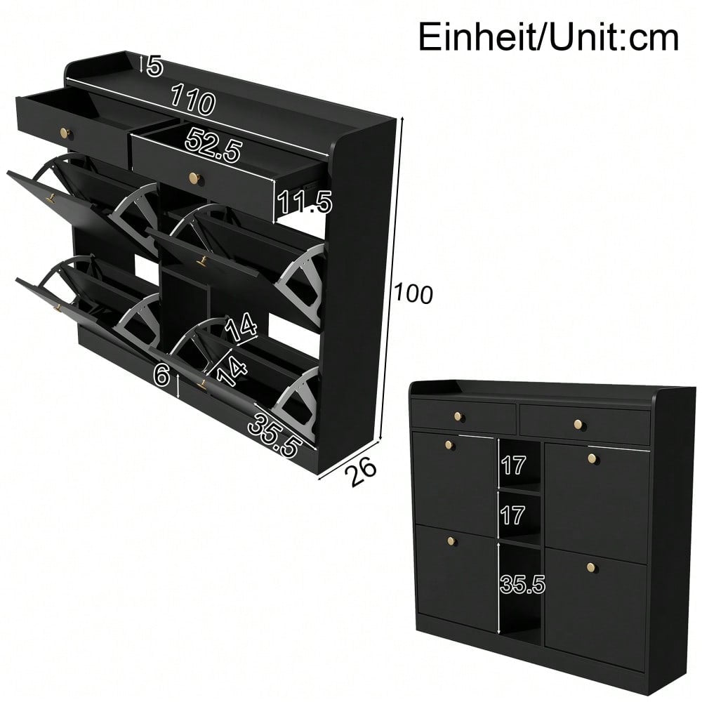 Edler schwarzer Schuhschrank mit 4 Klapptüren, 2 Schubladen, 3 offenen Fächern - perfekt für moderne Flure und Eingangsbereiche, Maße 110 x 26 x 100 cm