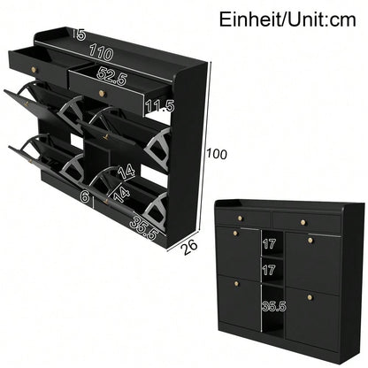 Edler schwarzer Schuhschrank mit 4 Klapptüren, 2 Schubladen, 3 offenen Fächern - perfekt für moderne Flure und Eingangsbereiche, Maße 110 x 26 x 100 cm
