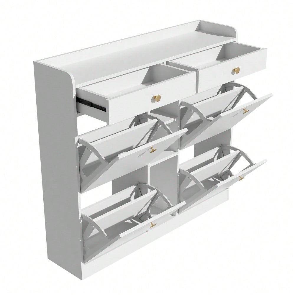 Edler weißer Schuhschrank mit 4 Klapptüren, 2 Schubladen, 3 offenen Fächern - perfekt für moderne Flure und Eingangsbereiche, Maße 110 x 26 x 100 cm