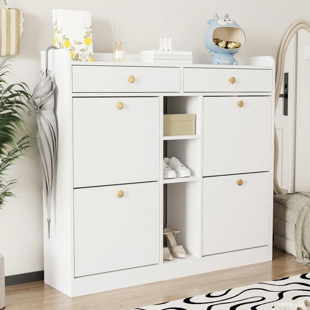Edler weißer Schuhschrank mit 4 Klapptüren, 2 Schubladen, 3 offenen Fächern - perfekt für moderne Flure und Eingangsbereiche, Maße 110 x 26 x 100 cm