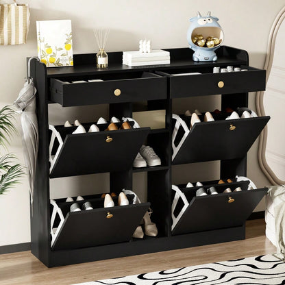 Edler schwarzer Schuhschrank mit 4 Klapptüren, 2 Schubladen, 3 offenen Fächern - perfekt für moderne Flure und Eingangsbereiche, Maße 110 x 26 x 100 cm