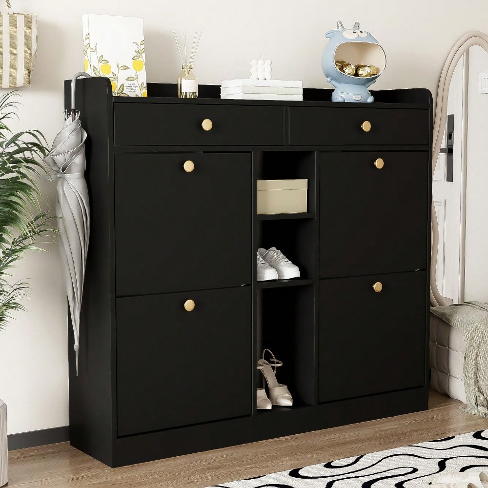 Edler schwarzer Schuhschrank mit 4 Klapptüren, 2 Schubladen, 3 offenen Fächern - perfekt für moderne Flure und Eingangsbereiche, Maße 110 x 26 x 100 cm