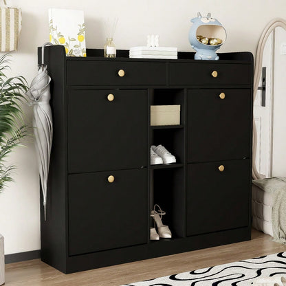Edler schwarzer Schuhschrank mit 4 Klapptüren, 2 Schubladen, 3 offenen Fächern - perfekt für moderne Flure und Eingangsbereiche, Maße 110 x 26 x 100 cm