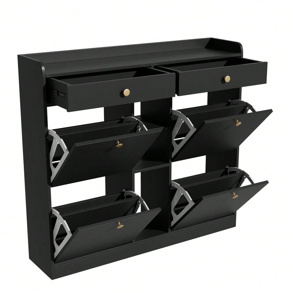 Edler schwarzer Schuhschrank mit 4 Klapptüren, 2 Schubladen, 3 offenen Fächern - perfekt für moderne Flure und Eingangsbereiche, Maße 110 x 26 x 100 cm