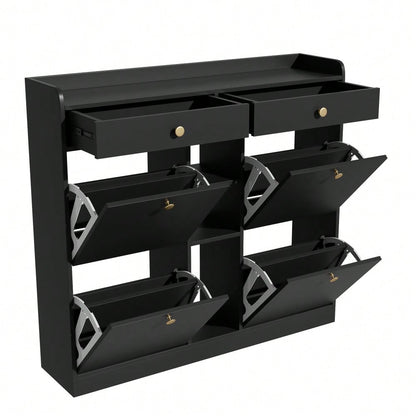 Edler schwarzer Schuhschrank mit 4 Klapptüren, 2 Schubladen, 3 offenen Fächern - perfekt für moderne Flure und Eingangsbereiche, Maße 110 x 26 x 100 cm