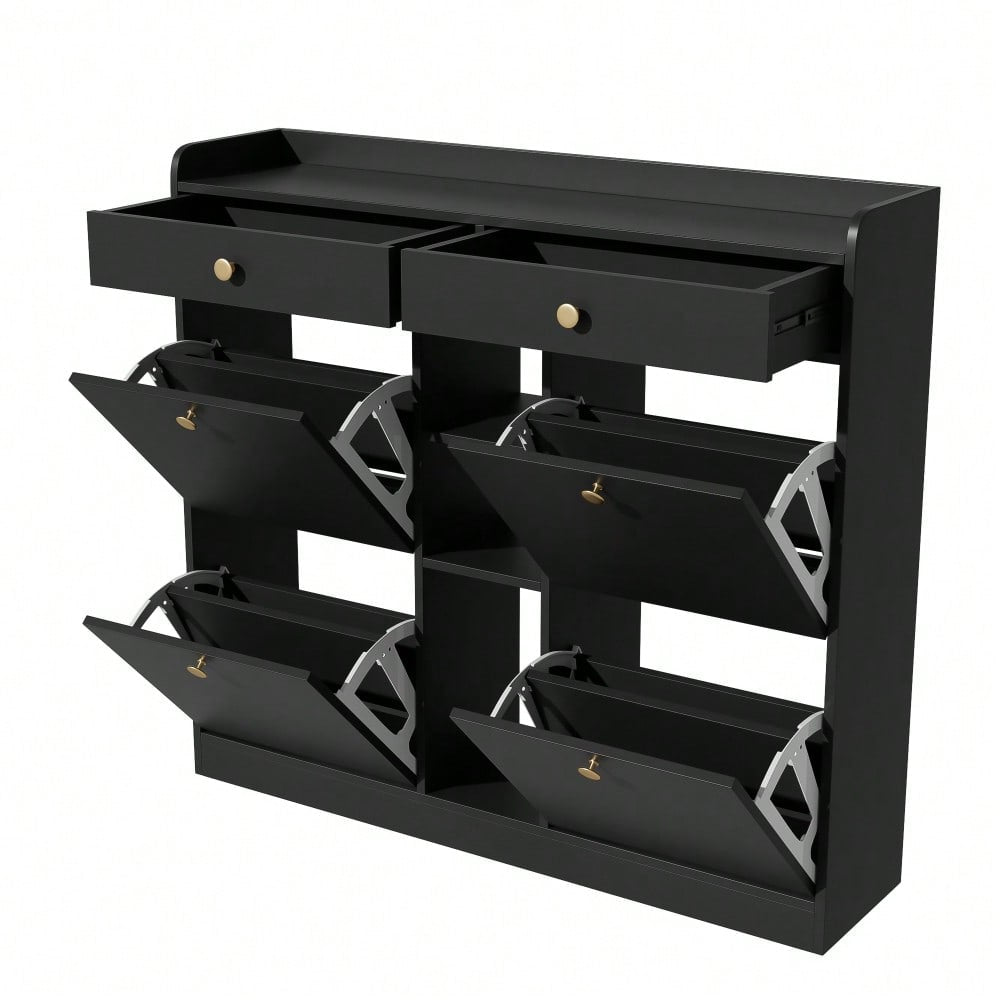 Edler schwarzer Schuhschrank mit 4 Klapptüren, 2 Schubladen, 3 offenen Fächern - perfekt für moderne Flure und Eingangsbereiche, Maße 110 x 26 x 100 cm