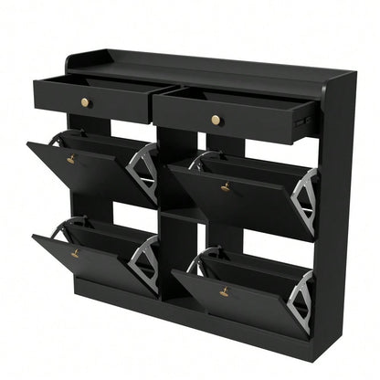 Edler schwarzer Schuhschrank mit 4 Klapptüren, 2 Schubladen, 3 offenen Fächern - perfekt für moderne Flure und Eingangsbereiche, Maße 110 x 26 x 100 cm