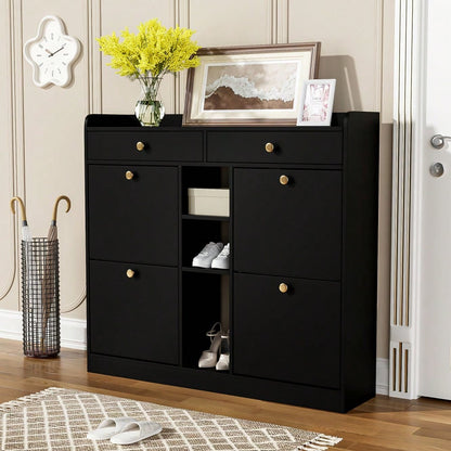 Edler schwarzer Schuhschrank mit 4 Klapptüren, 2 Schubladen, 3 offenen Fächern - perfekt für moderne Flure und Eingangsbereiche, Maße 110 x 26 x 100 cm