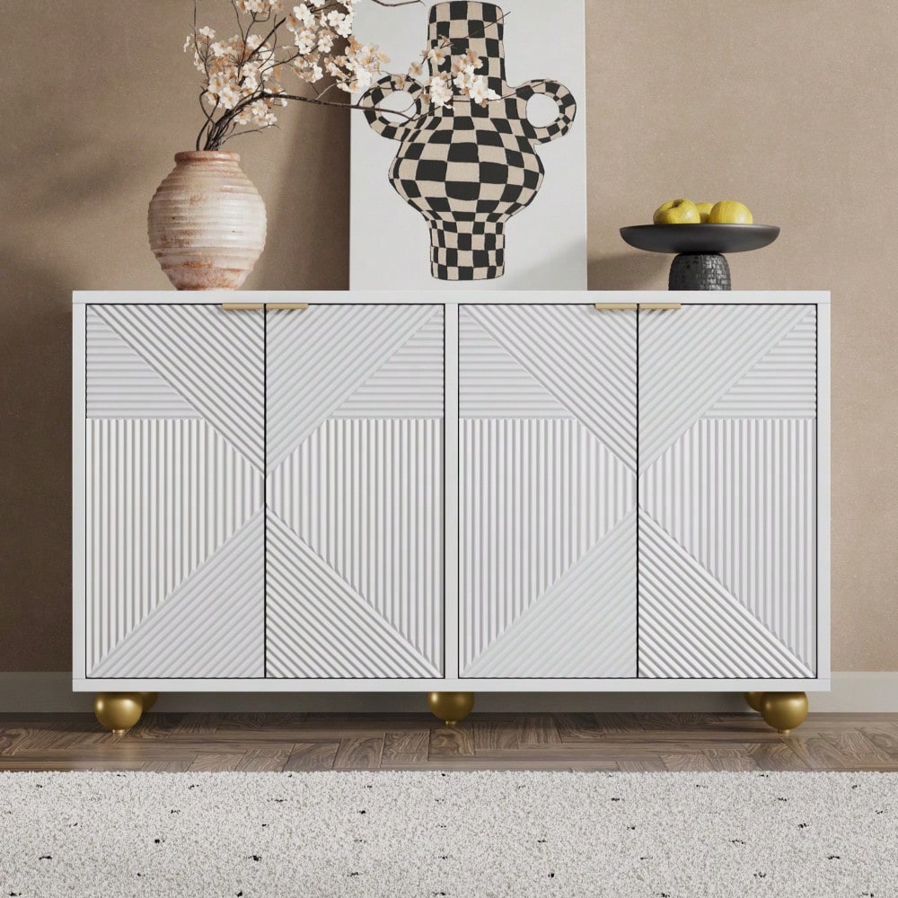 Sideboard mit vier geformten Türen, verstellbaren Innenböden, Metallgriffen und kugelförmigen Beinen