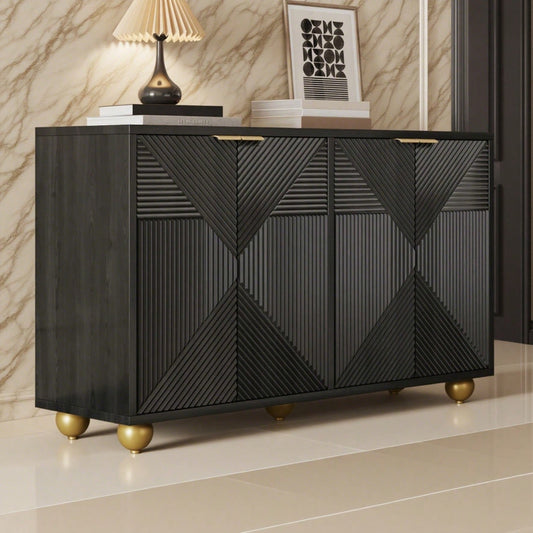 Sideboard mit vier geformten Türen, verstellbaren Innenböden, Metallgriffen und kugelförmigen Beinen