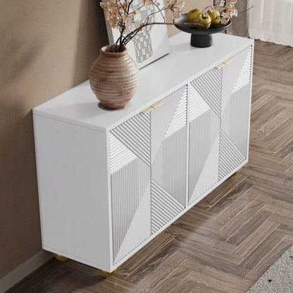 Sideboard mit vier geformten Türen, verstellbaren Innenböden, Metallgriffen und kugelförmigen Beinen