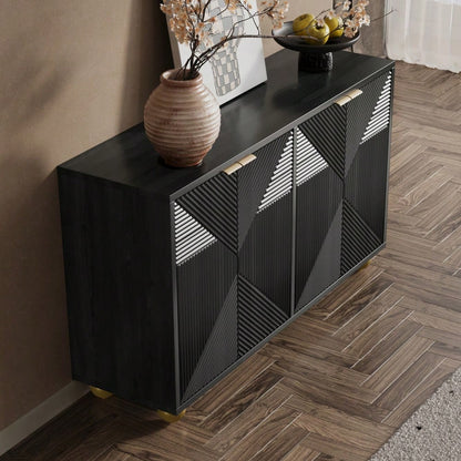 Sideboard mit vier geformten Türen, verstellbaren Innenböden, Metallgriffen und kugelförmigen Beinen