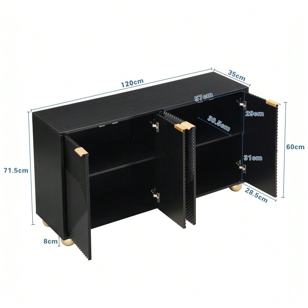 Sideboard mit vier geformten Türen, verstellbaren Innenböden, Metallgriffen und kugelförmigen Beinen