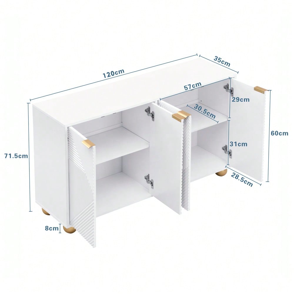 Sideboard mit vier geformten Türen, verstellbaren Innenböden, Metallgriffen und kugelförmigen Beinen