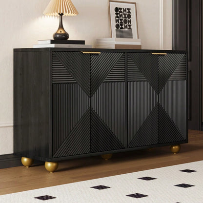 Sideboard mit vier geformten Türen, verstellbaren Innenböden, Metallgriffen und kugelförmigen Beinen