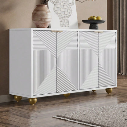 Sideboard mit vier geformten Türen, verstellbaren Innenböden, Metallgriffen und kugelförmigen Beinen