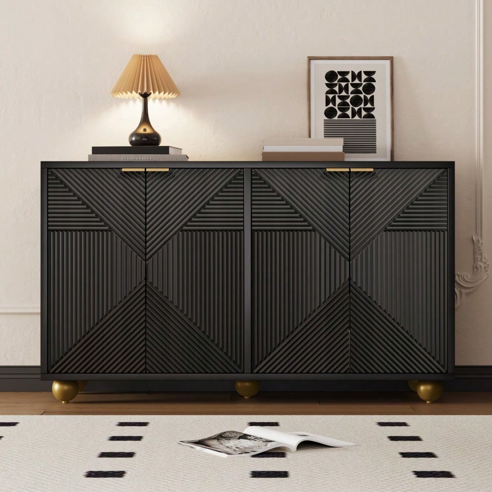Sideboard mit vier geformten Türen, verstellbaren Innenböden, Metallgriffen und kugelförmigen Beinen