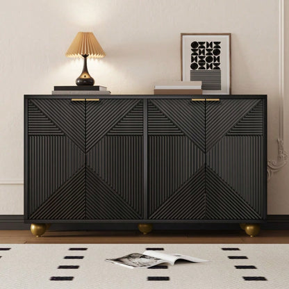 Sideboard mit vier geformten Türen, verstellbaren Innenböden, Metallgriffen und kugelförmigen Beinen