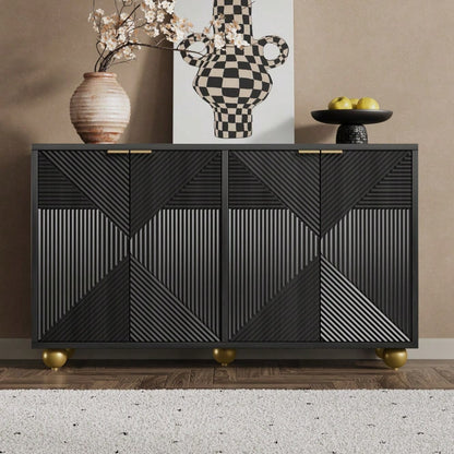 Sideboard mit vier geformten Türen, verstellbaren Innenböden, Metallgriffen und kugelförmigen Beinen