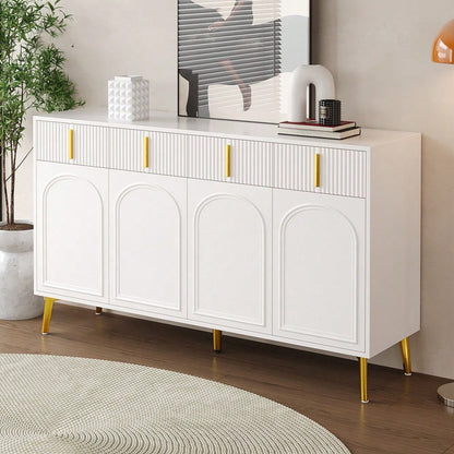 Sideboard mit goldenen Griffen und Beinen, 4 Türen, 4 Schubladen, mit herausnehmbarem Laminat, geeignet für Wohn- und Esszimmer, 140*37,8*82 cm.