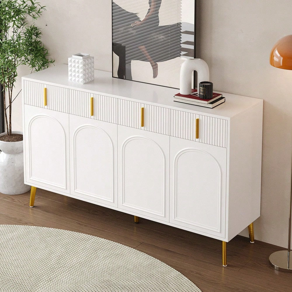 Sideboard mit goldenen Griffen und Beinen, 4 Türen, 4 Schubladen, mit herausnehmbarem Laminat, geeignet für Wohn- und Esszimmer, 140*37,8*82 cm.