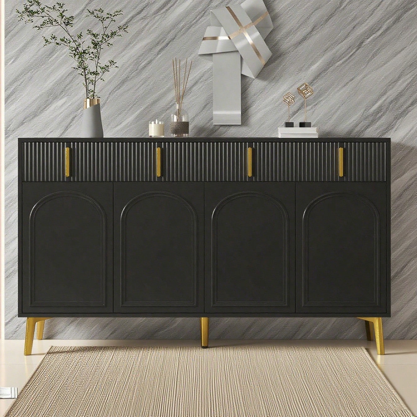 Sideboard mit goldenen Griffen und Beinen, 4 Türen, 4 Schubladen, mit herausnehmbarem Laminat, geeignet für Wohn- und Esszimmer, 140*38*82 cm.