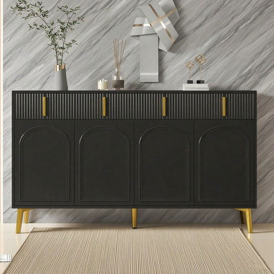 Sideboard mit goldenen Griffen und Beinen, 4 Türen, 4 Schubladen, mit herausnehmbarem Laminat, geeignet für Wohn- und Esszimmer, 140*38*82 cm.