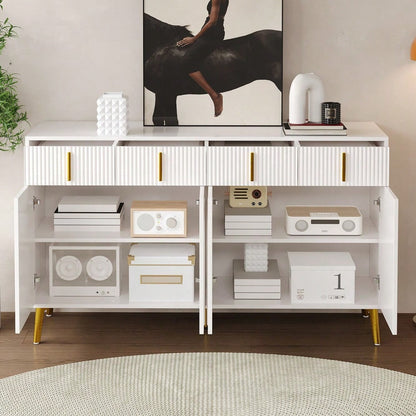 Sideboard mit goldenen Griffen und Beinen, 4 Türen, 4 Schubladen, mit herausnehmbarem Laminat, geeignet für Wohn- und Esszimmer, 140*37,8*82 cm.