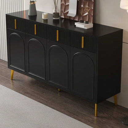 Sideboard mit goldenen Griffen und Beinen, 4 Türen, 4 Schubladen, mit herausnehmbarem Laminat, geeignet für Wohn- und Esszimmer, 140*38*82 cm.