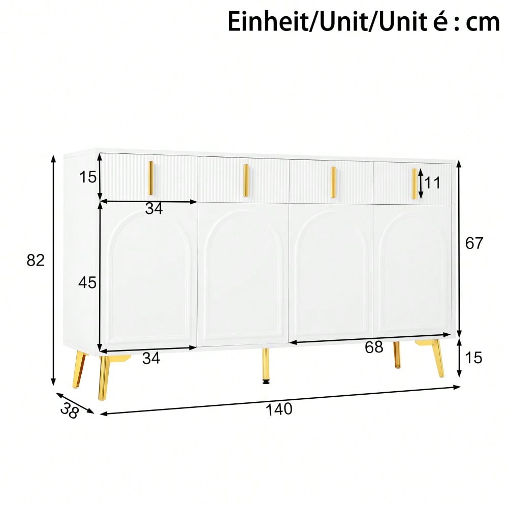 Sideboard mit goldenen Griffen und Beinen, 4 Türen, 4 Schubladen, mit herausnehmbarem Laminat, geeignet für Wohn- und Esszimmer, 140*37,8*82 cm.