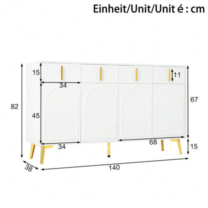 Sideboard mit goldenen Griffen und Beinen, 4 Türen, 4 Schubladen, mit herausnehmbarem Laminat, geeignet für Wohn- und Esszimmer, 140*37,8*82 cm.