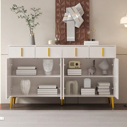 Sideboard mit goldenen Griffen und Beinen, 4 Türen, 4 Schubladen, mit herausnehmbarem Laminat, geeignet für Wohn- und Esszimmer, 140*37,8*82 cm.