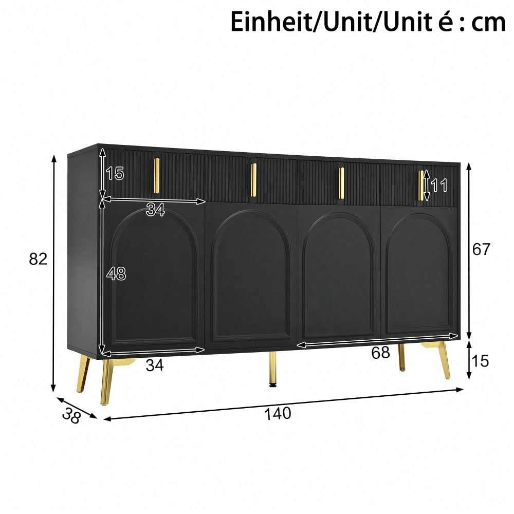 Sideboard mit goldenen Griffen und Beinen, 4 Türen, 4 Schubladen, mit herausnehmbarem Laminat, geeignet für Wohn- und Esszimmer, 140*38*82 cm.