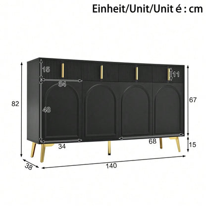 Sideboard mit goldenen Griffen und Beinen, 4 Türen, 4 Schubladen, mit herausnehmbarem Laminat, geeignet für Wohn- und Esszimmer, 140*38*82 cm.
